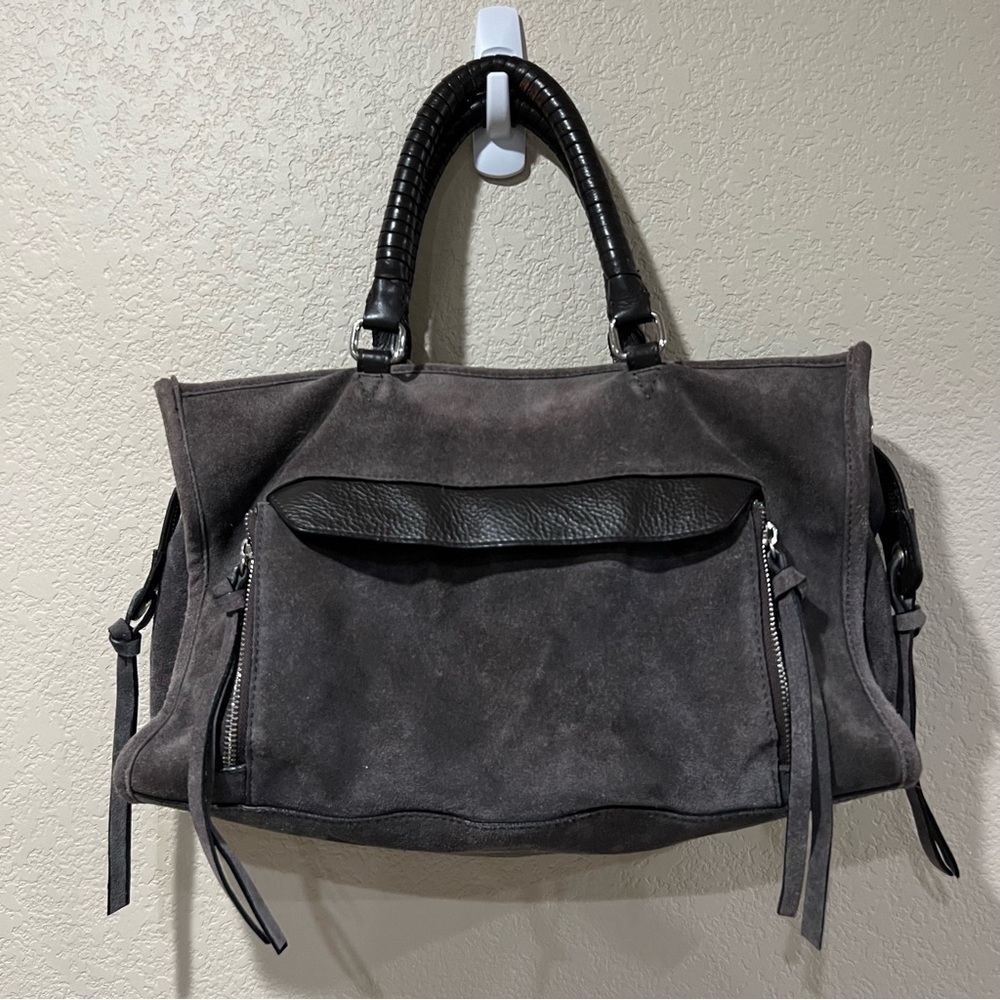 Zara Women Gray Suede Leather Exterior Tote Bags Purse Zip Double Handles